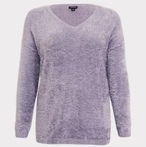 PURPLE V-NECK EYELASH KNIT SLOUCHY PULLOVER